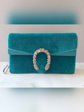 Gucci Dionysus Mini Velvet Crystal Tiger Head Chain Crossbody Bag Teal Blue